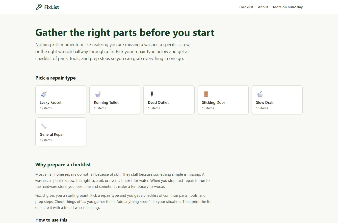 Screenshot of FixList: Home Repair Parts Checklist interface showing the project page in use